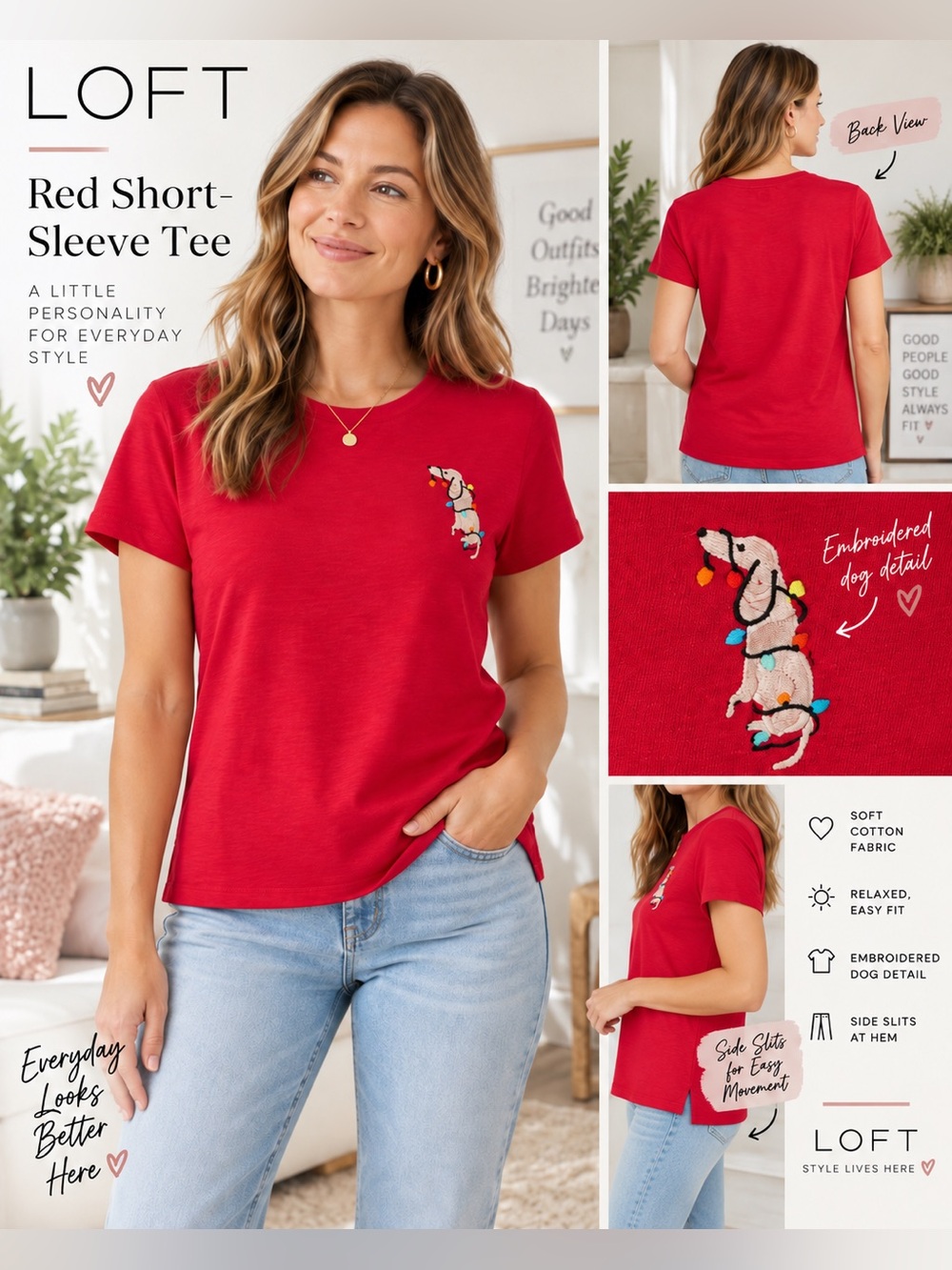 LOFT Red Embroidered Dog Short Sleeve Tee 100% Cotton Size M